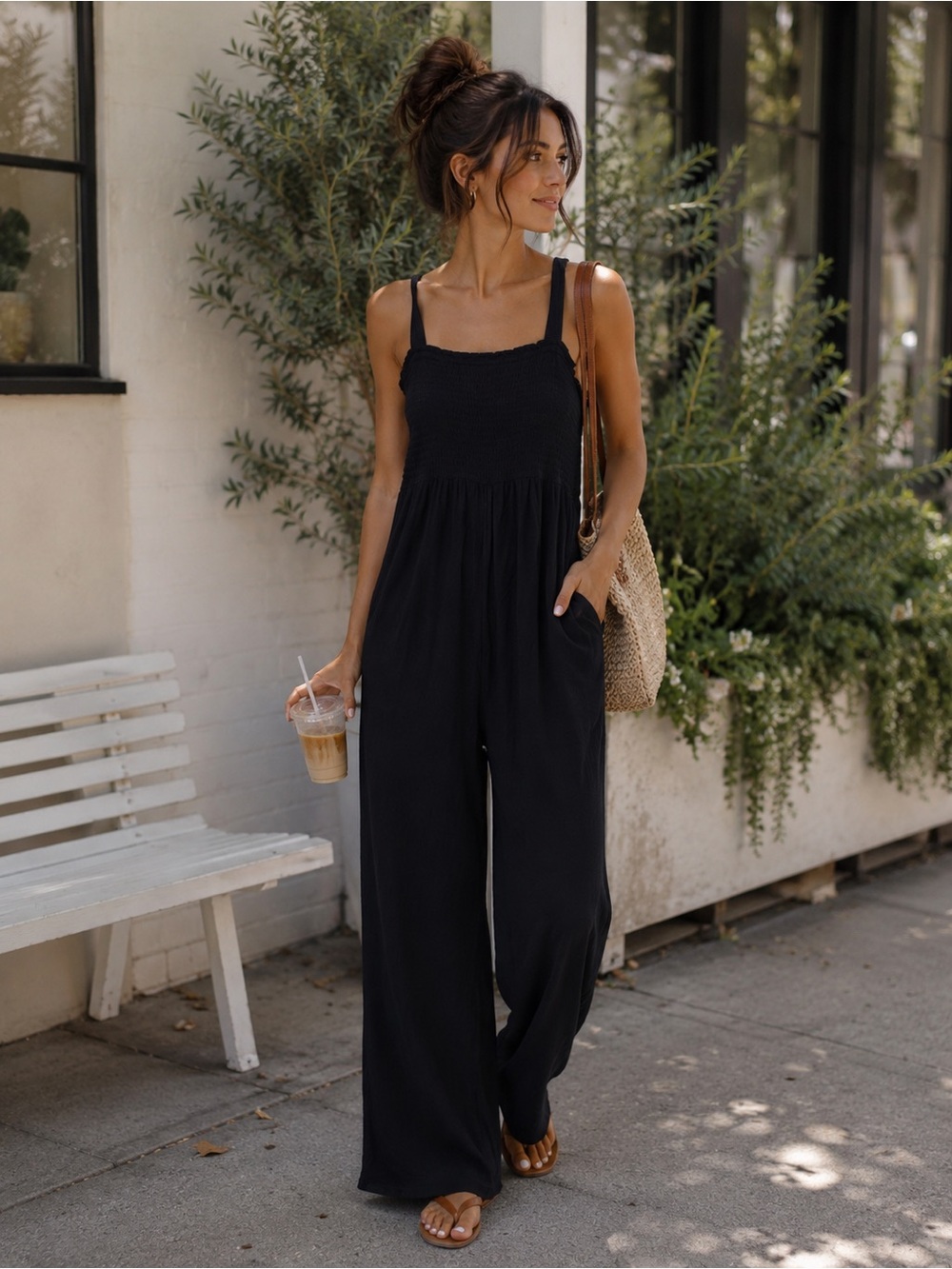 Women’s Black Smocked Wide-Leg Jumpsuit